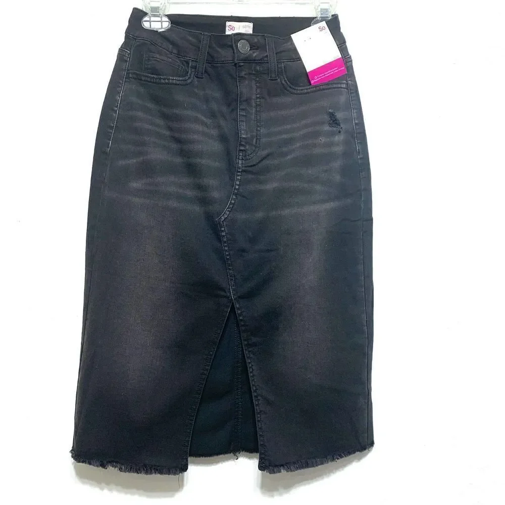 NWT SO Black Gray Jean Denim High Waist Long Skirt Knee Length Modest size 27W